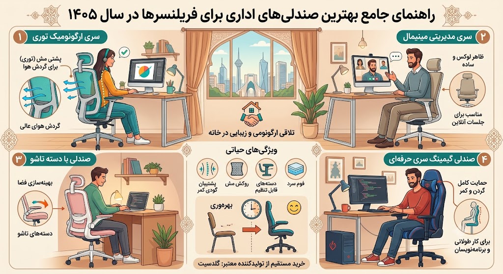 بهترین صندلی‌های اداری برای فریلنسرها و دورکاری در سال ۱۴۰۵؛ راهنمای خرید هوشمند