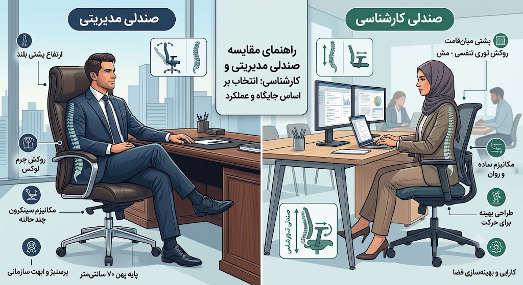 راهنمای انتخاب صندلی مدیریت در مقابل صندلی کارشناسی؛ تفاوت در ابعاد و پرستیژ