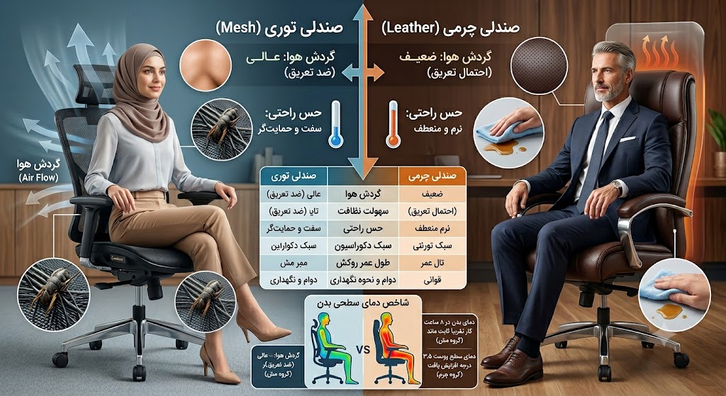 مقایسه صندلی‌های توری (Mesh) با صندلی‌های چرمی؛ کدام روکش برای شما مناسب است؟